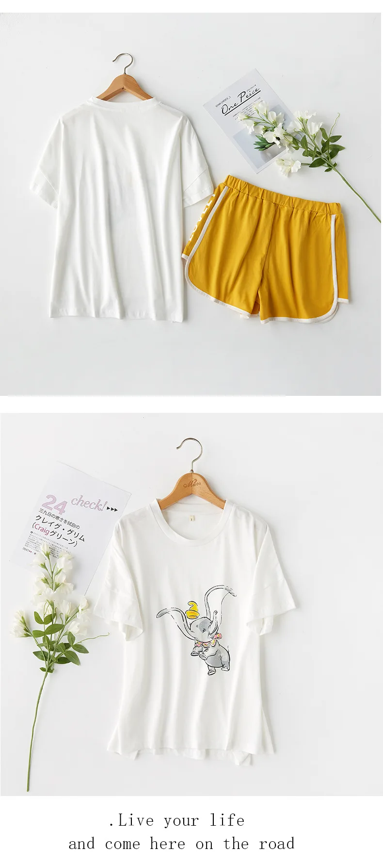 Summer Cotton White T-shirt Cartoon Printing Pajamas Short Sleeve Sleepwear Shorts 2 Piece Women Wear Loungewear Home Clothes