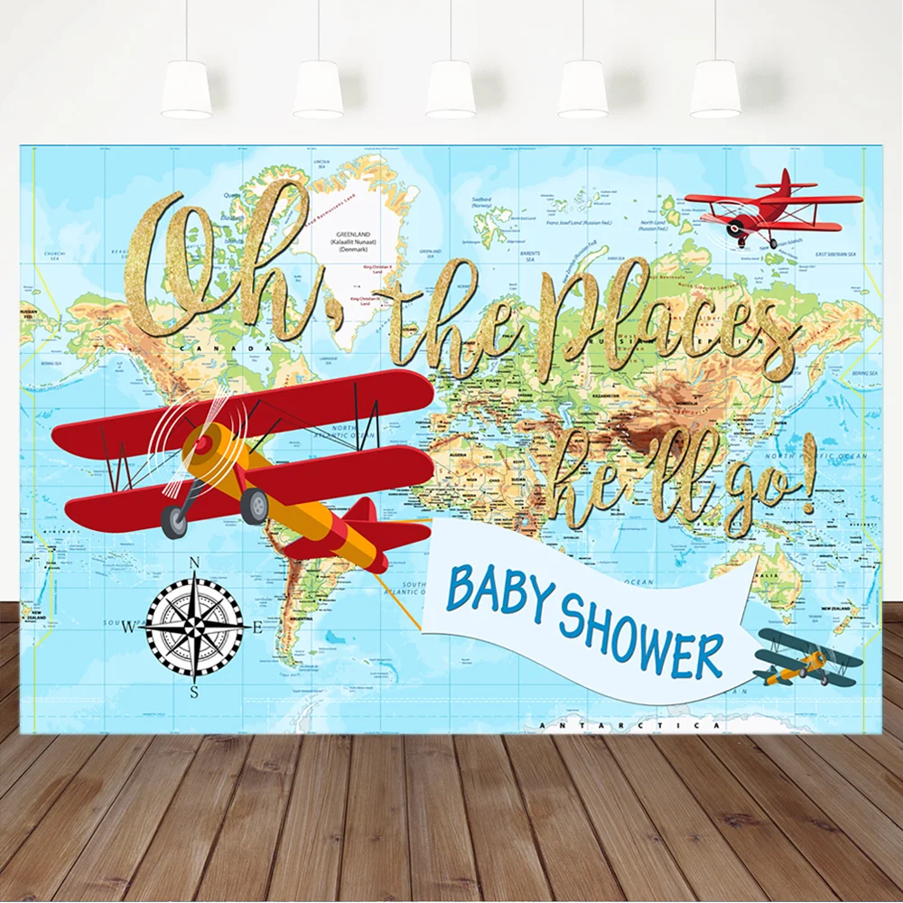 

Adventure Baby Shower Backdrop Red Vintage Airplane Photo Background World Map Children Birthday Party Decor Banner Backdrops