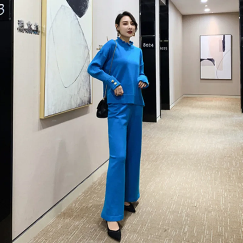 

Autumn 2020 New Temperament Casual Knitting Set Women Loose Pullover Top + High Waist Wide Leg Pants Ladys Sportswear Suit