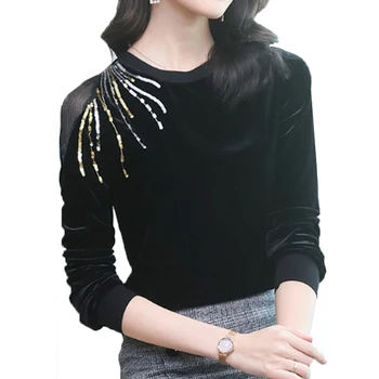 

women plus size velvet blouse 2020 autumn printing shirts long sleeve o neck black vintage slim ladies tops chemisier femme