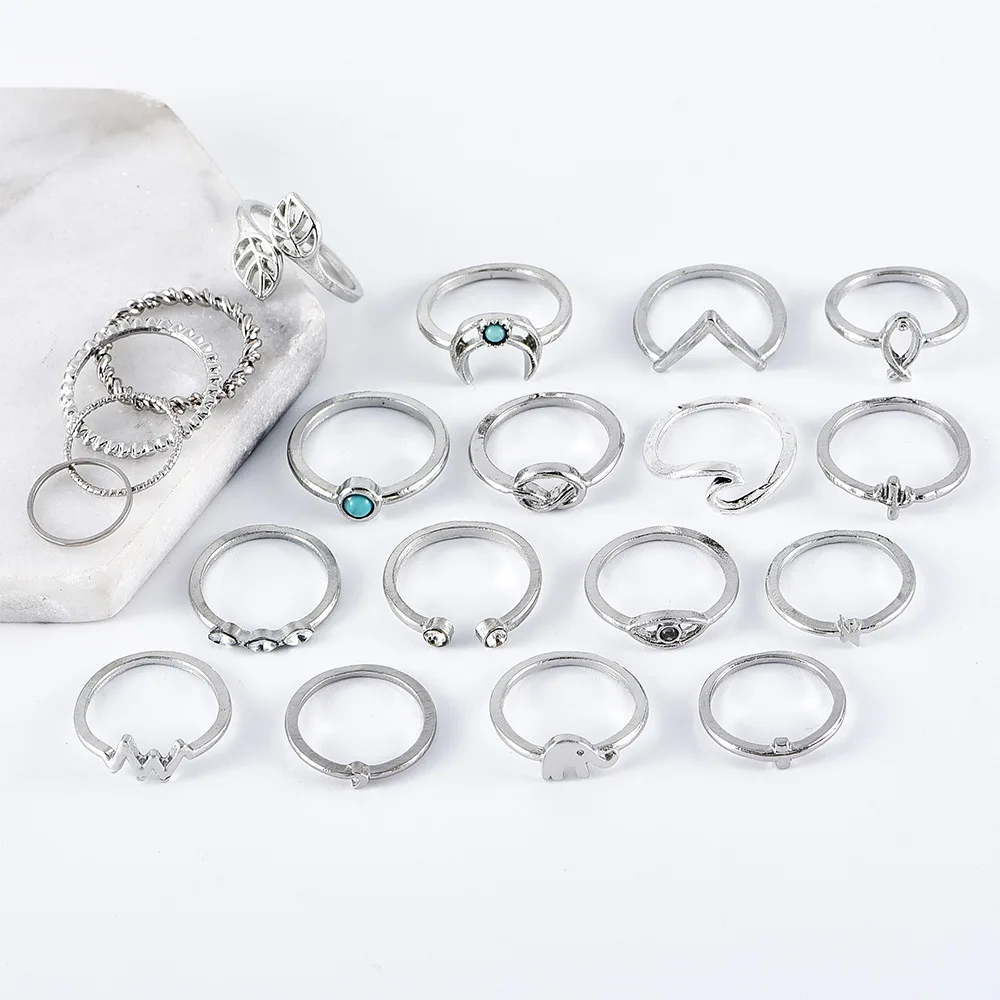 Silver Elephant Leaves Wave Moon Crystal Geometric Joint Ring Set 20pcs / set Women Wedding Party Jewelry Accessories ring set silver ring wedding rings wedding ring jewelry accessories