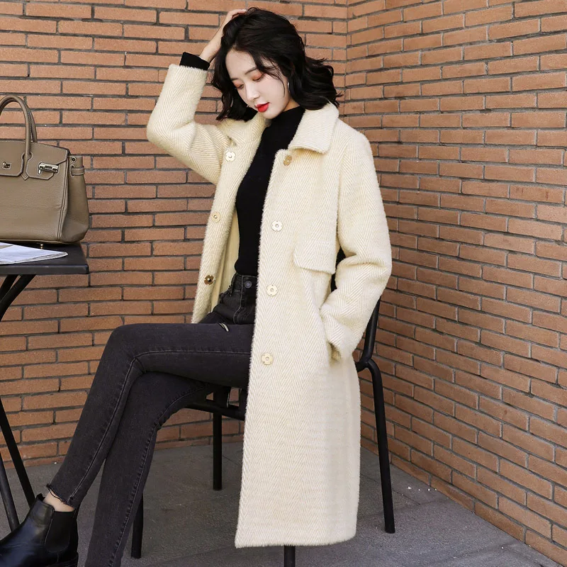 

2019 Autumn & Winter Popular Short-height Water Mink Cashmere Gold Mink Cashmere Coat Women's Mid-length Hepburn Woolen Coat