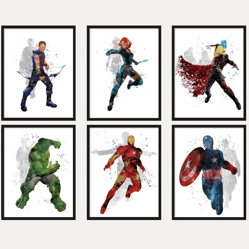 Watercolor Marvel Avengers Wall Art Canvas Print Painting Superhero