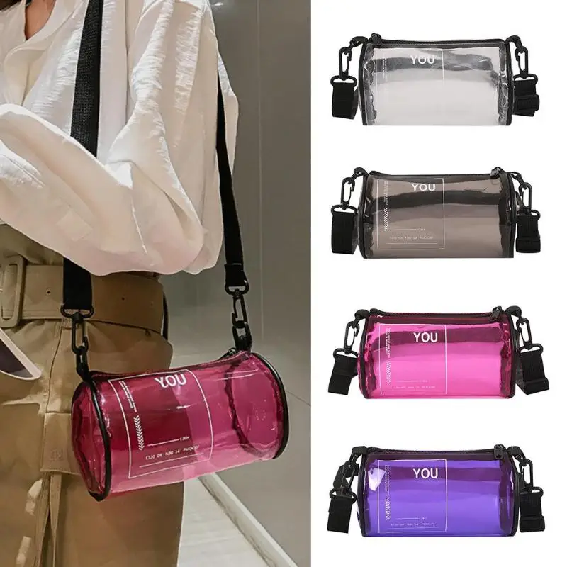 

Transparent PVC Printed Letters Cylinder Designer Shoulder Bag Clear Jelly Beach Bags For Women Candy Messenger Crossbody Bags