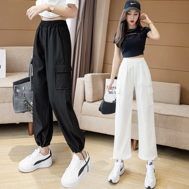 2021 New Fashion Black White Cotton Linen Ankle-length Cargo Pants Summer  Casual High Waist Trousers For Women - Pants & Capris - AliExpress
