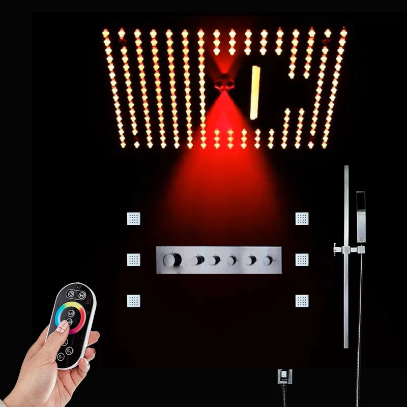 16&quot LED Bathroom Shower Set Luxury Bathtub Waterfall Panel Rainfall Thermostatic Valve System Showerhead With Sliding Bar |