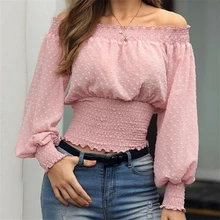 Aliexpress - 2020 Autumn Sexy Off Shoulder Pink Blouses Women Tops Casual Puff Sleeve Shirt Elegant Ladies Bandage Tops