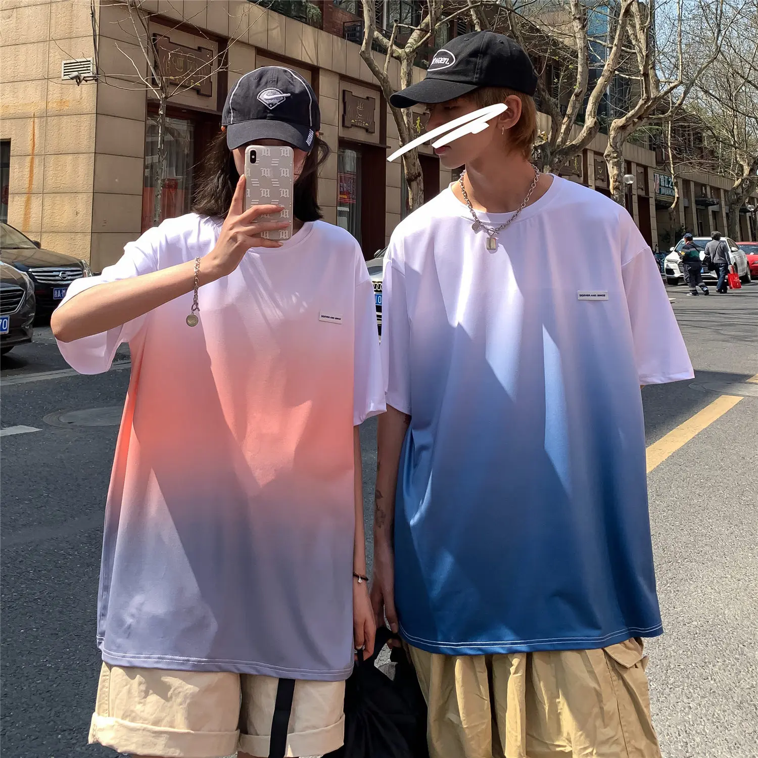 

2020 Summer Short Sleeve Couple Clothes Tie Dye T Shirt for Mens Pullover Tops Gradient Streetwear Loose Fit British Style Tees