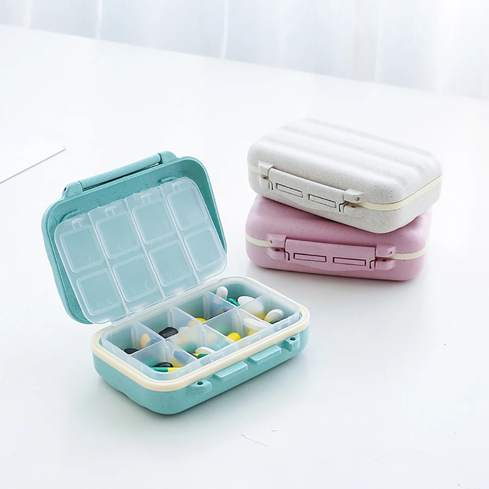 

Portable Pill Box Mini 8 Grid Wheat Straw Medicine Box Travel Drug Storage Box Organizers Moisture-Proof Sealing Kit Green Pink