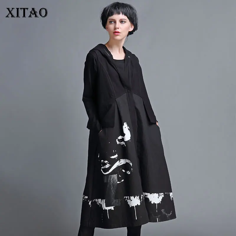 

XITAO Patchwork Print Vest Top Plus Size Pocket Women Clothes 2019 Fashion Hooded Collar Tide Match All Vest Coat New WQR1612