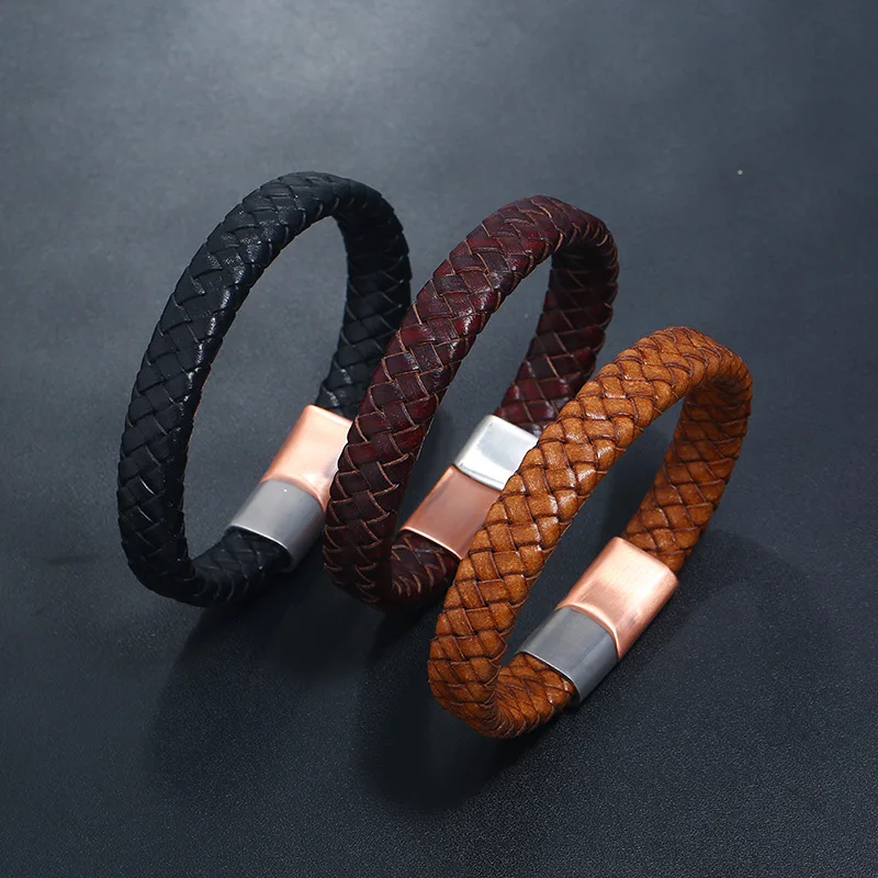 New Classic Style Men Leather Bracelet Simple Black Brown Khaki Stainless Steel Button Neutral Accessories Hand-woven Jewelry