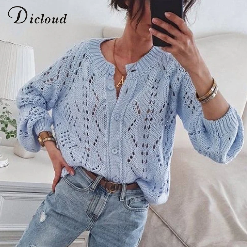 

Blue Hollow Out Women's Cardigans Autumn Winter Round Neck Button Up Knitted Sweaters Ladies Fashion Knitwear