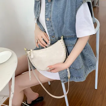 

2020 Summer Women's Fashion Rivet Saddle Bag Concise Shoulder Bag Crossbody Bag Handbag PU Casual Bag Office Daily White Black