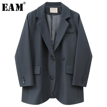 

[EAM] Women Dark Gray Brief Button Split Blazer New Lapel Long Sleeve Loose Fit Jacket Fashion Tide Spring Autumn 2020 1X174