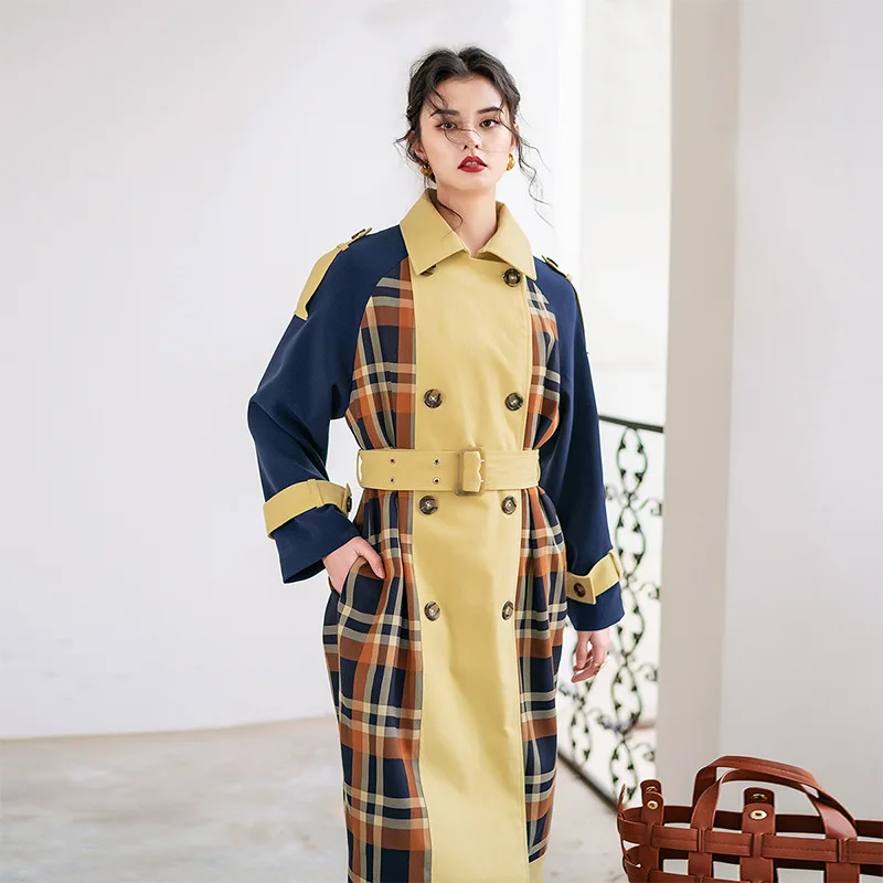 

High Quality New Designer Women Trench Coat Turn Down Collar Patchwork Trench With Belt Fashion Female Slim Long Trench Coats