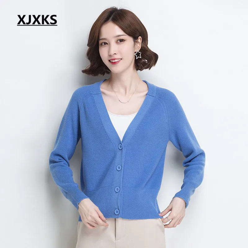 XJXKS модный кашемировый вязаный кардиган с v-образным вырезом, Женское пальто, Осень-зима, модный Повседневный женский свитер, кардиган - Цвет: Синий