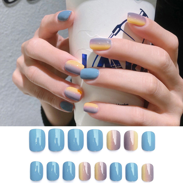 Detachable False Nails French with Black Line Fake Nails Full Cover Nail Art Tips Press on Nails with Glue Manicure Tools