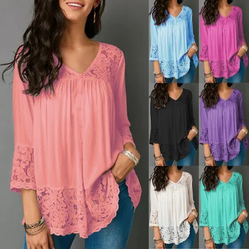 

ZOGAA Chiffon Lace Up Blouses Women's Solid Blouses V-neck Sweet Loose Lightweight Dress Shirt Ladies Tops Breathable Underwear