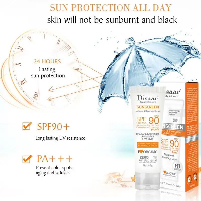 Disaar Facial Body Sunscreen Cream Beauty Skin Care Spf Max 90 Oil Free Radical Scavenger Anti Oxidant UVA/UVB 40g Sunblock