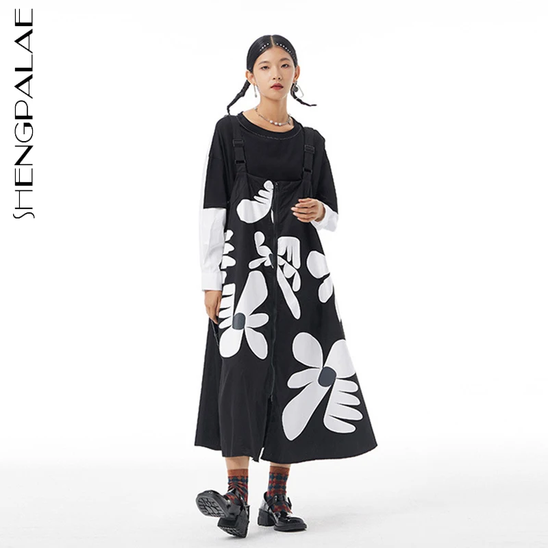 SHENGPALAE Fashion Printed Strap Derss Women's Spring 2022 New Slash Neck Loose Big Swing Long Sleeve Mid-calf Dresses Female | Женская