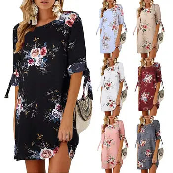 

New Chic Lady Floral Print O Neck 3/4 Sleeve Lace-up Loose Casual Beach Party Dress