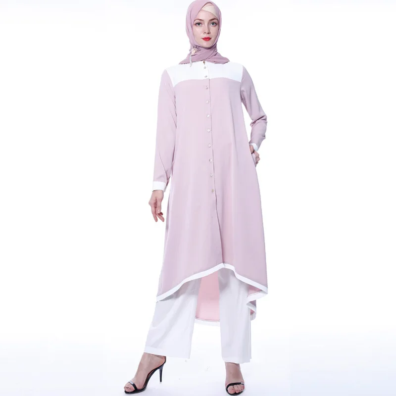

2019 Malaysia New Style Muslim Women's Large Size Mixed Colors Arab Robe Two-Piece Set Tops + Pants Summer WOMEN'S Dress Current