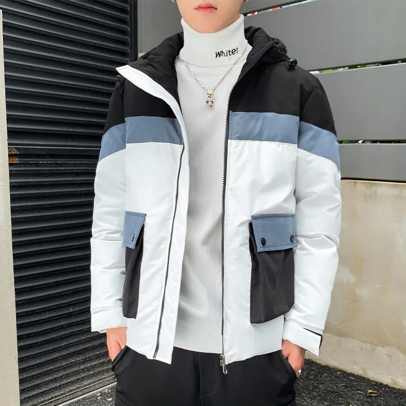 

Winter Stitching Cotton-padded Jacket Men's Tide Short Korean Style Warm Hooded Casual Color Contrast Cotton Jacket Youth Jacket