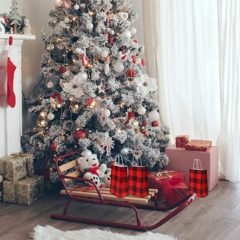 100 Teile/los Rot und Schwarz Plaid Weihnachten Papier Party Taschen Kraft Geschenk Tasche mit Griff für Weihnachtsfeiern – Detail 6