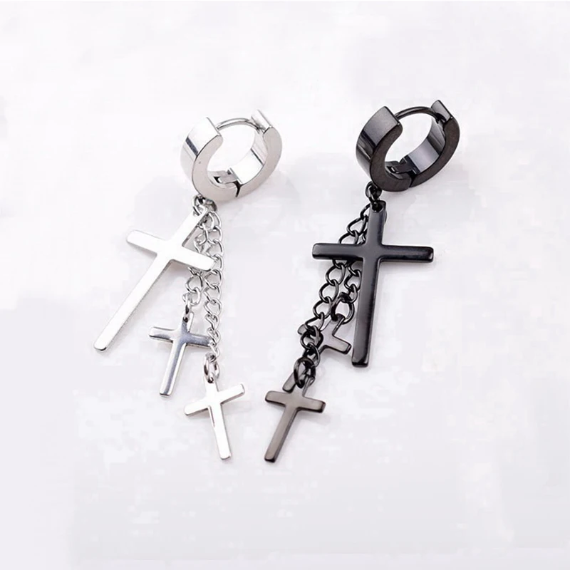 Cross earrings 1 Pc Punk Gothic Tassel Cross Stainless Steel Round Drop Earrings Women Men Fashion Party Punk Rock Jewelry