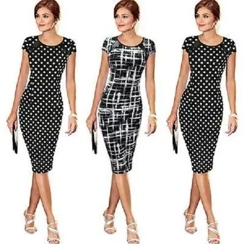 

2020 New Sexy Women Pencil Dresses OL Short Sleeve Summer Bandage Evening Party O-neck Bodycon Slim Polka Dot Dress Knee Length