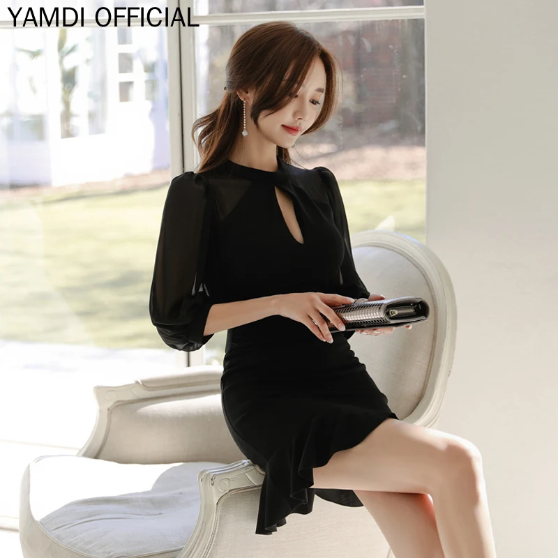 YAMDI, летнее, осеннее платье, подиумное,, для женщин, однотонное, черное, кружевное, Сетчатое, облегающее, с запахом, для девушек, платья, вечерние, для клуба, ужина, платье миди