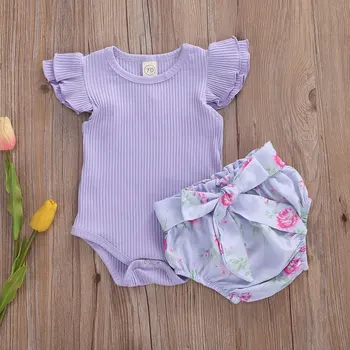 

Pudcoco Newborn Baby Girl Clothes Summer 2020 Fly Sleeve Solid Color Knitted Cotton Romper Tops Flower Shorts 2Pcs Outfits Set