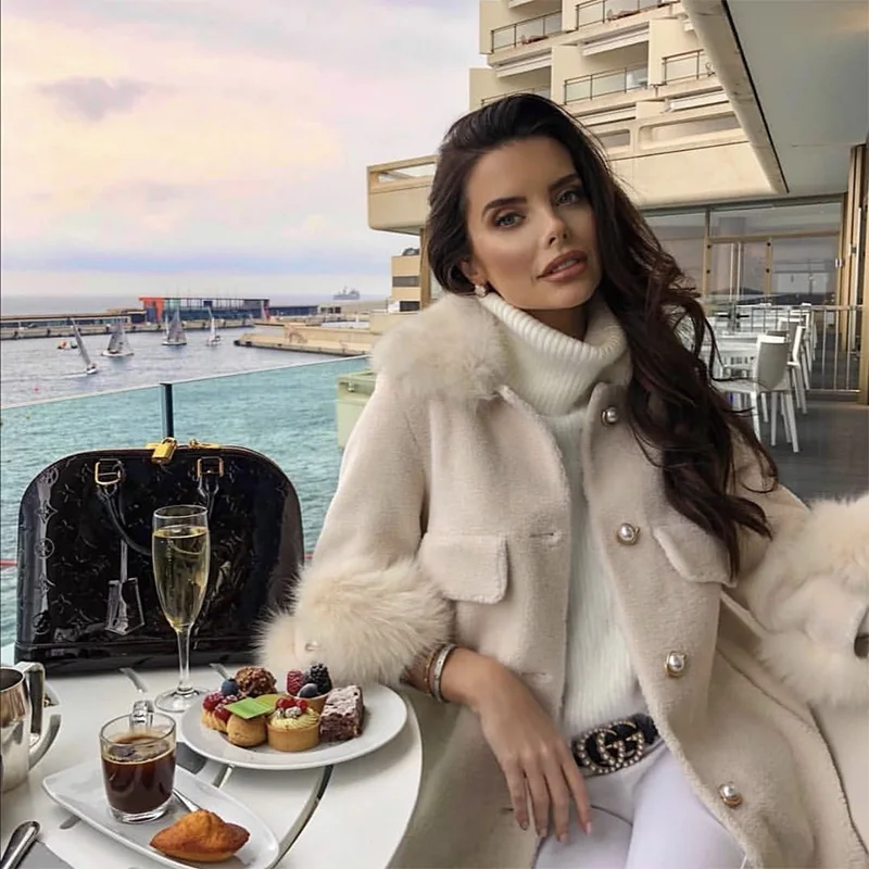 Style 1 beige EIFURKOP, Женское пальто из натурального овечьего меха, длинный дизайн с воротником из натурального Лисьего меха и меховыми манжетами, 2 стиля - Цвет: Style 1 beige