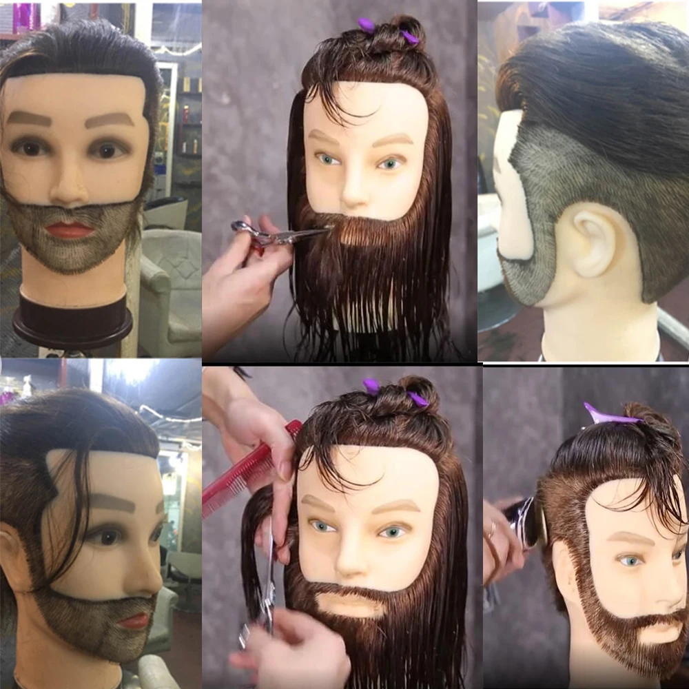 100% Menselijk Haar Mannelijke Mannequin Hoofd Met Haar Baard Praktijk Oefenpop Kapper Kosmetiek Training Pop Hoofd Voor Haar Styling