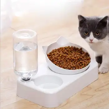 

Pet Automatic Cat Food Bowl with Water Dispenser Double Bowl Drinking Raised Stand Tilted Cat Feeder Dish Bowl Pet Supplies