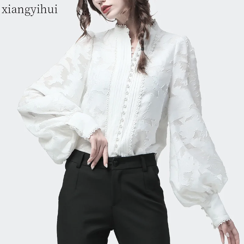 

Large Size Women 4XL 3XL Blouse Lace Stitching Stand Collar Female Shirt Blue White Single-breasted Women's Embroidery Shirts