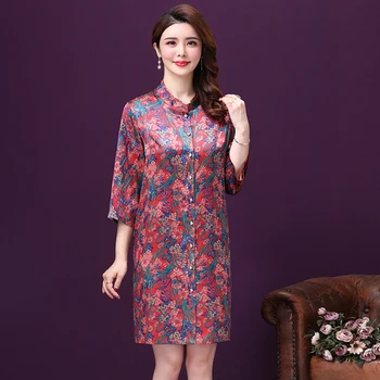 

2019 Autumn New Popular Style Single Breasted Exquisite Print Middle Aged Mother Elegant Temperament Slim Women Dress Plus Size