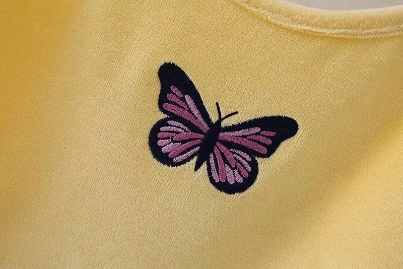 Women summer yellow 2 pieces set top cami shorts Embroidery Butterfly Velvet crop top cropped camis Tank Top elastic waist