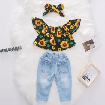 

2PCS Outfits Set Sweet Girl Clothes Set Headband+Sunflower Print Pullover Tops+Ripped Jeans Pants Toddler Kids Baby Girl Clothes
