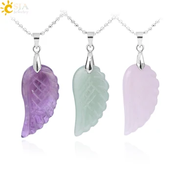 CSJA Natural Gem Stone Angel Wing Necklaces & Pendants Purple Pink Rock Crystal Lapis Lazuli Opal Green Aventurine Jewelry E768