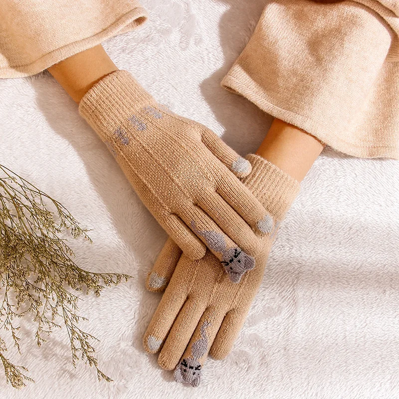 Модные женские перчатки, зимние вязаные перчатки с сенсорным экраном, теплые рукавицы на запястье с пятью пальцами, розовый рождественский подарок, женские перчатки для вождения
