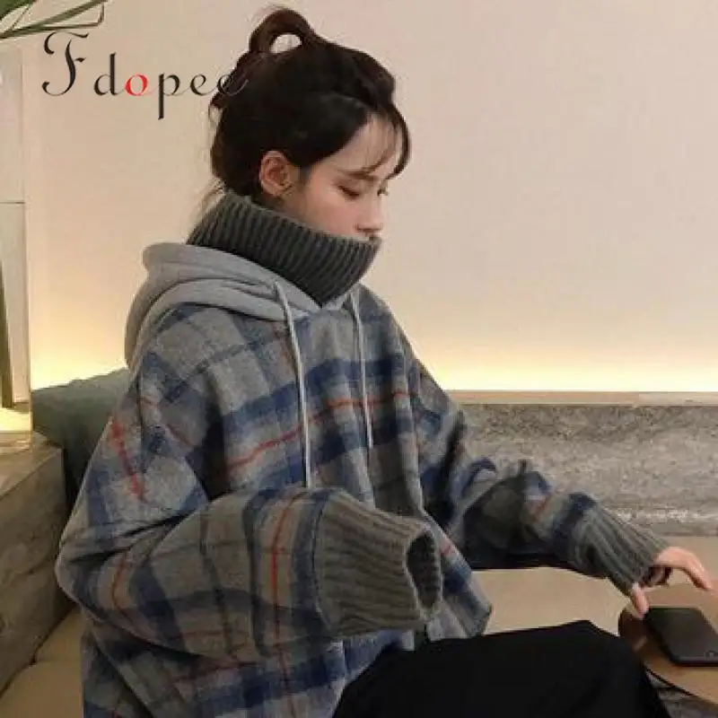 

2019 Winter Loose Hoodies Women Fashion Leisure Fake Two Pieces Stitching Plaid High Collar Thick Long Sleeve Oversized Pullover