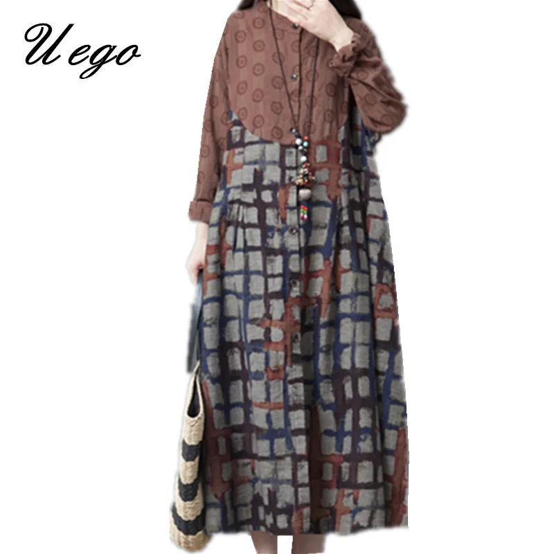 

Uego 2019 New Arrival Cotton Linen Autumn Shirts Dress Fashion Patchwork Print Plaid Loose Vintage Dress Women Casual Midi Dress
