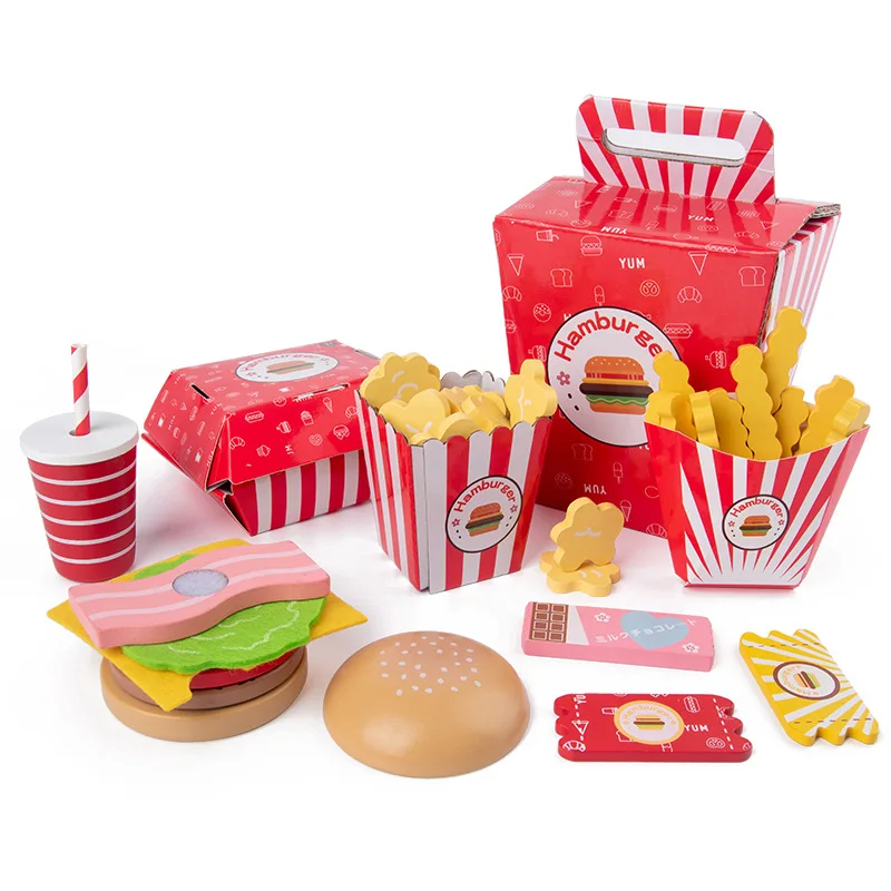 Pretend Play Toys Wooden Play Food Wooden Hamburger With French Fries