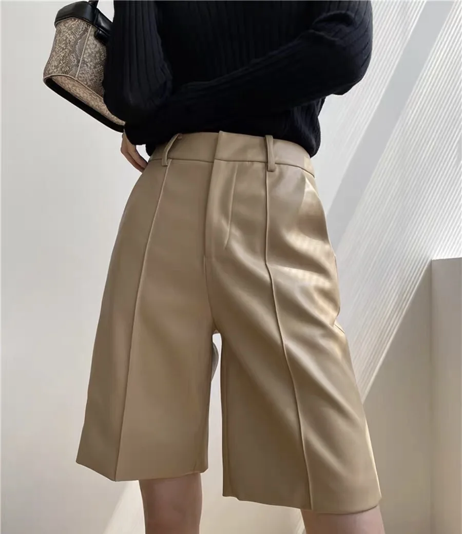 2024 Spring And Autumn New Sheepskin Leather Shorts Five Loose Slim Wear High Waist Wide Leg Pants Women's Leather Pants