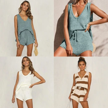 

2020 New Summer Striped Beach Strap V Neck Two Piece Set Crop Top And Shorts Drawstring White 2 Piece Women Set Casual Outfits