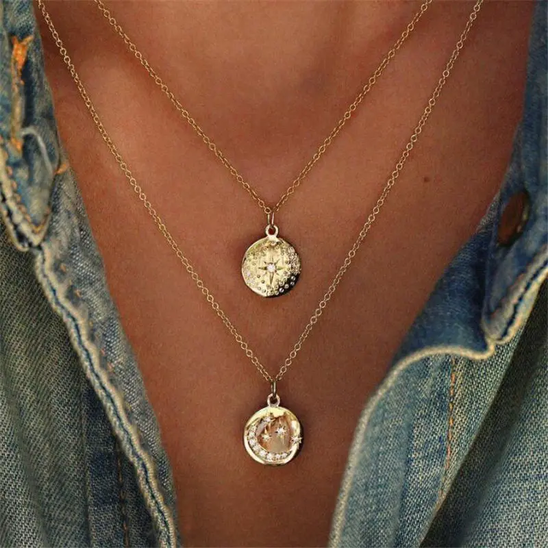 

Fashion Crystal Multilayer Round Star Moon Necklace Double Layered Necklace Gold Chain Choker Coin Necklace on Neck Women Femme