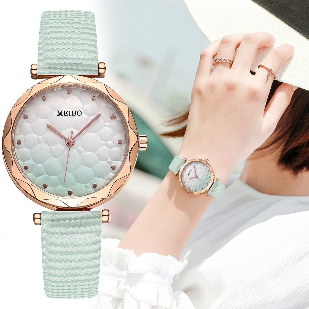 MEIBO женские кожаные градиентные цветные часы с циферблатом повседневные роскошные женские кварцевые аналоговые часы подарок настенные часы