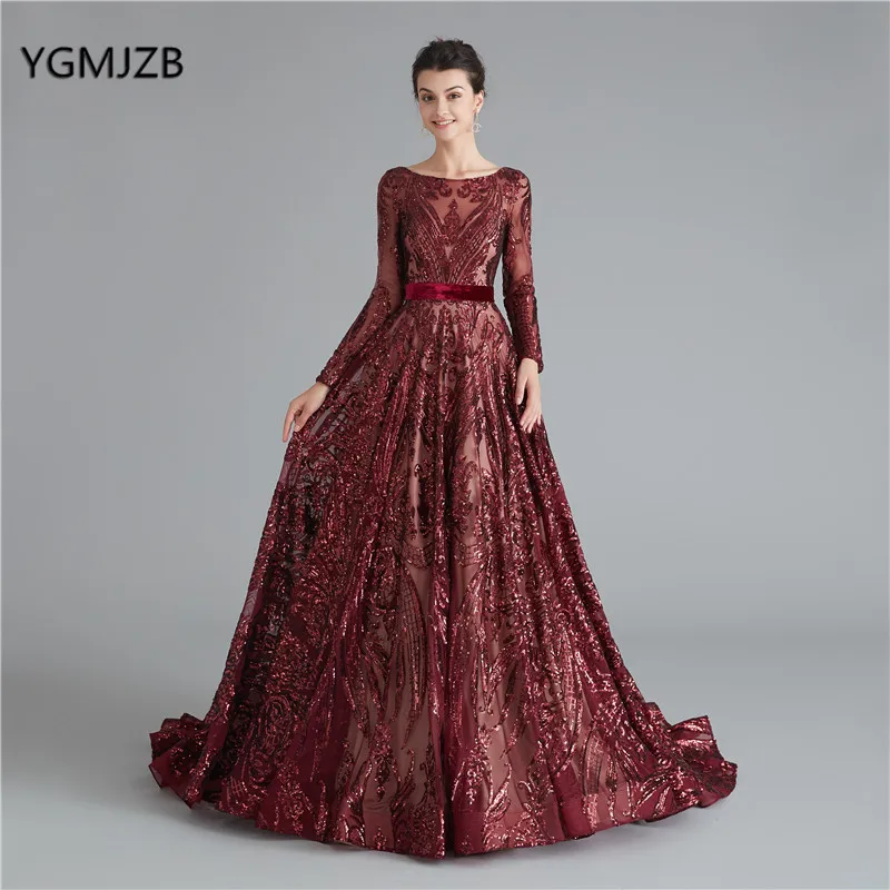 

Burgundy Evening Dress Sparkly Sequin Long Sleeves 2019 Backless Arabia Formal Dress Evening Prom Gown Robe De Soiree