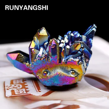 

Runyangshi 1PCS Natural crystal stone Hand carved rainbow hedgehog with electroplated Colorful Crystal Cluster